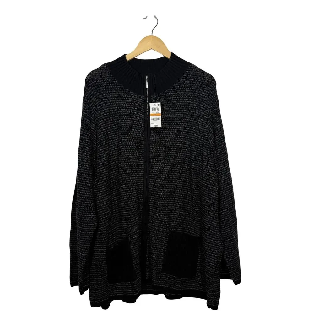 Karen‎ Scott Cardigan Sweater NWT Womens Size 3X Black Textured Full Zip Pockets